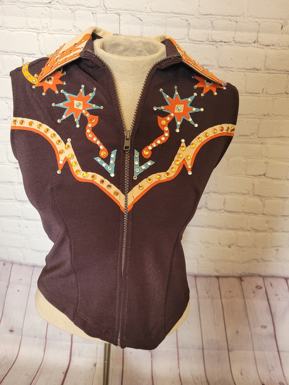 Handmade Brown Western Rodeo Rhinestone Suede Overall Design Zipper Vest S/M